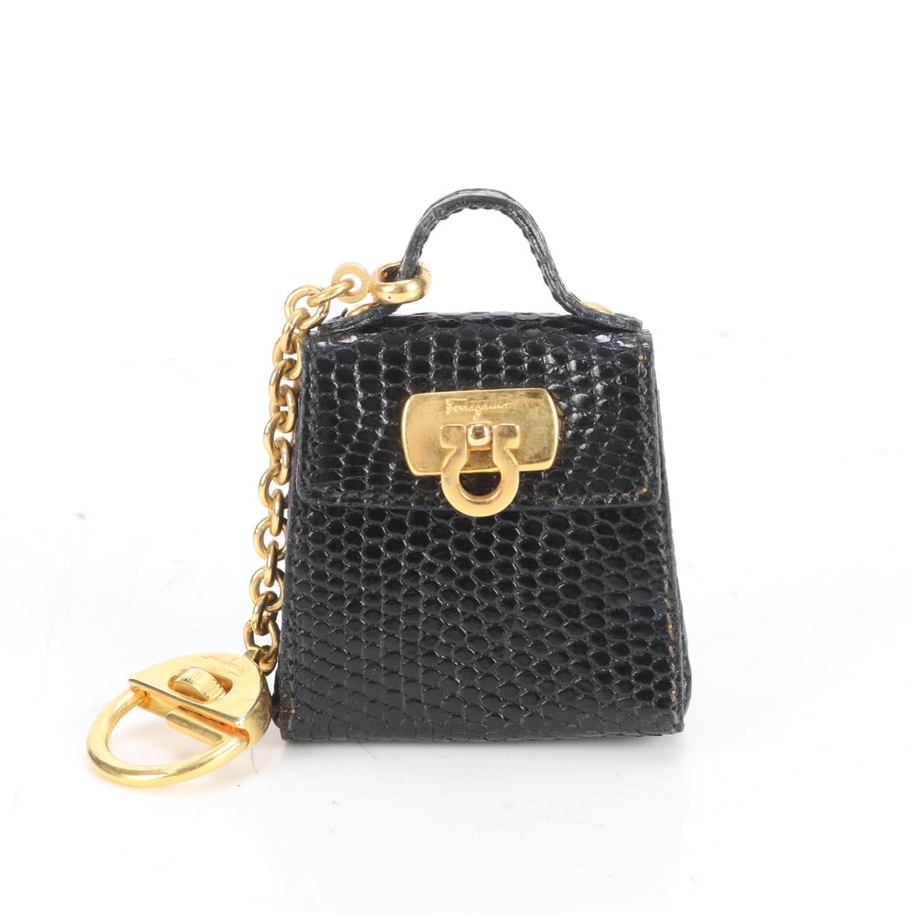 極美品 ハンド バッグ 型 リザード エンボス チャーム レザー キーリング ブラック 黒 ゴールド レディース MMM CL87-45 中古 5,899円