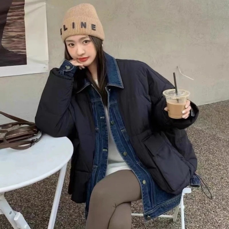 ダックダウンウルトラライトコート 韓国ファッション ダウンコート レディース ロング 冬 ショート 保温 暖かい 大きいサイズ デニムパッチワークジャケット 7,765円