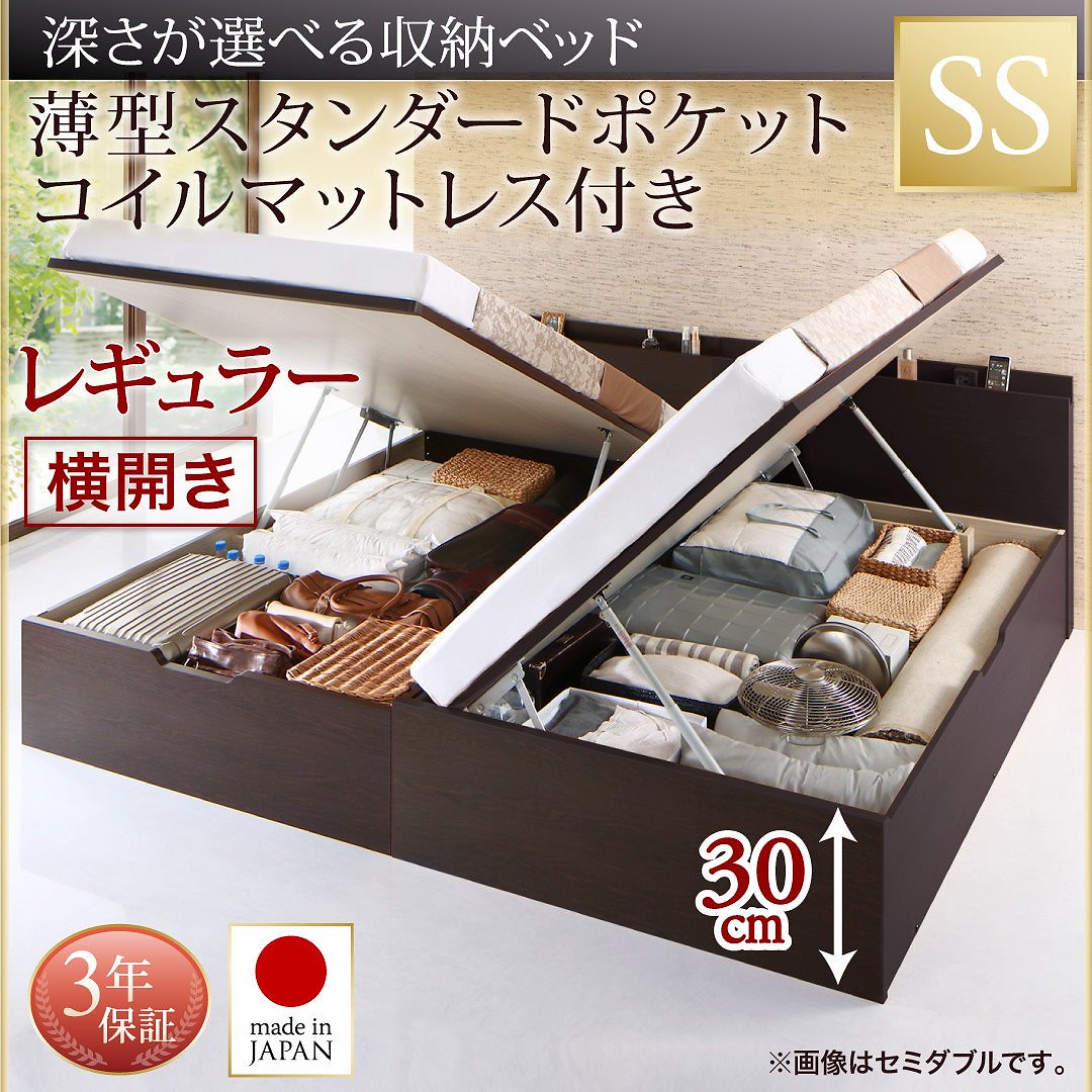 国産 跳ね上げ収納ベッド [Renati-DB]レナーチ ダークブラウン [薄型スタンダードポケットコイルマットレス付き] 横開き セミシングル 深さレギュラー [フレーム色]ダークブラウン