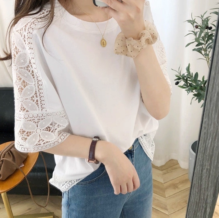 レディース トップス カットソー Tシャツ 5分袖 ラウンドネック フェミニン ストリート レース 刺繍 クロシェ 透け感 シースルー ヴィンテージ 切り替えデザイン かわいい 大人可愛い きれいめ
