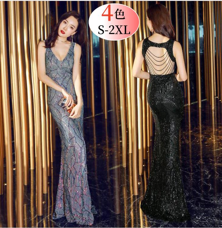 イブニングドレス Vネック 胸元セクシー ワンピース ドレス マーメイド キレイめ キラキラ スパンコール キャバドレス 演奏会 披露宴 二次会 音楽会 カクテルドレス 大きいサイズ カラードレス ロ