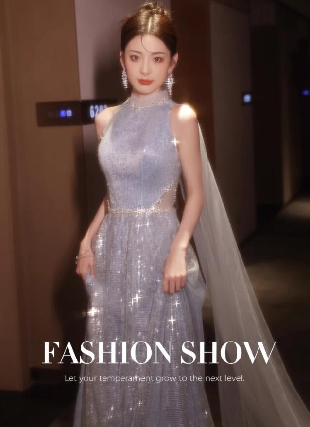 【早い者勝ちタイムセール】高級感 グレー スパンコール 上品 キレイめ おしゃれ 新作 ノースリーブ ホルターネック レディースドレス ロングドレス 編み上げ エレガント 宴会 音楽会 演奏会 発表会