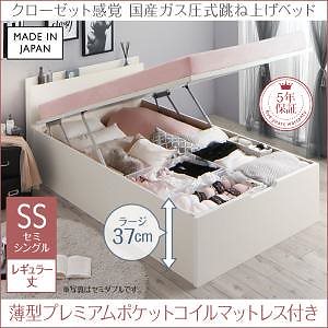 クローゼット跳ね上げベッド [エマーブル] [薄型プレミアムポケットコイルマットレス付き] 縦開き セミシングル レギュラー丈 深さラージ [フレーム色]ホワイト [マットレス色]ホワイト