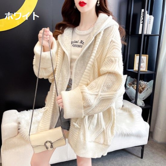 ニットカーディガン レディース パーカー フード付き フェイクツーピース 重ね着風 レイヤード セーター ジッパー 長袖 カジュアル 体型カバー トップス 羽織 アウター カーディガン