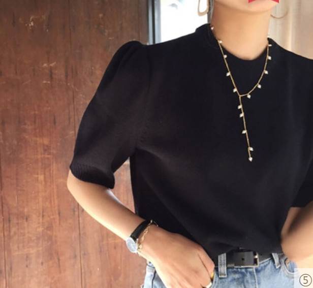 半袖 ニット レディース トップス ニットソー セーター 袖あり 5分袖 パフスリーブ ラウンドネック 大人 可愛い きれいめ シンプル カジュアル ガーリー こなれ感 小さいサイズ XS 黒 大人可