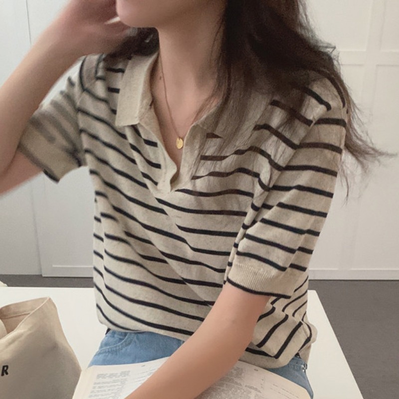 プルオーバー カットソー 半袖 スキッパー 角襟 薄手 かわいい 大人可愛い シンプル カジュアル ラフ ルーズ ボーダー ストライプ 春 夏 学生 お出かけ デート 旅行 モテ 韓国