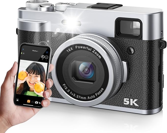 5K デジカメ スマホに送れる デジタルカメラ 4800万画素 30fps wifi機能 レトロ 6軸手ぶれ補正 前後デュアルレンズ フラッシュ 自撮り 初心者 学生 ビログ用 黒+32gメモリカード