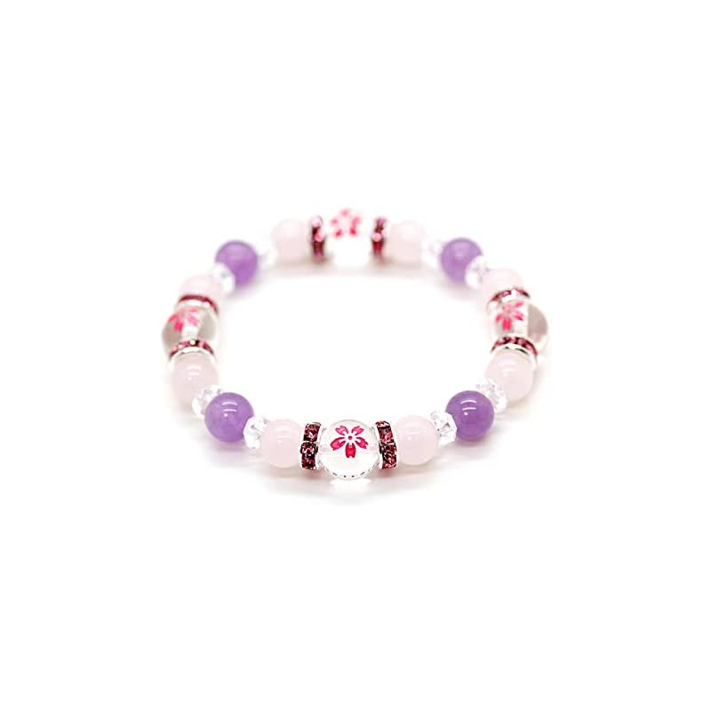 石輝 桜彫り 水晶 10mm ラベンダーアメジスト 8ｍｍ ローズクォーツ 8ｍｍ ブレスレット レ