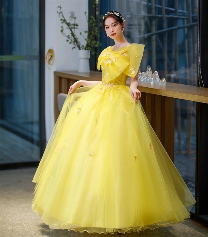 イエロー　カラードレス カラーウエディングドレス ロング マキシ丈 ドレス レディース 大人 パーティードレス　袖なし　大きいリボン　Ａライン チュール ボリューム ドレス 二次会 発表会 演奏会