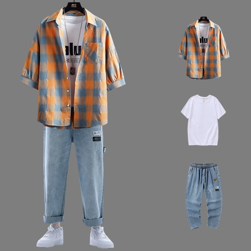3点セット チェックシャツ+半袖Tシャツ+デニム メンズ カジュアルスーツ かっこいい 夏新作 ファッション
