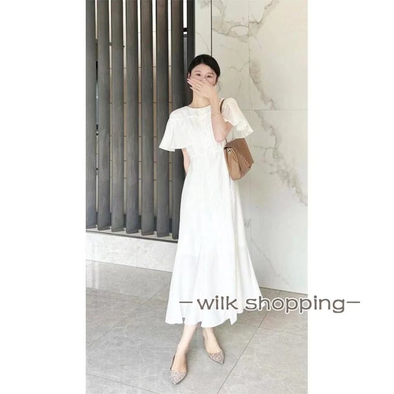 夏 半袖 ロング Aライン 花刺繍　丸ネック サマー ゆったり 夏コーデ 体型カバー 20代30代 黒 白 40代 ママ フォーマル OL 大人 シンプル