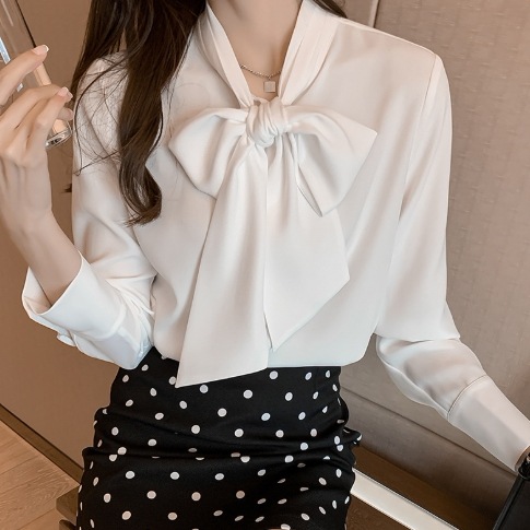 レディース トップス ブラウス 普通丈 長袖 袖あり 襟なし ボウタイ フェミニン シフォン 透け感 かわいい 大人可愛い きれいめ シンプル 上品 おしゃれ こなれ感 フォーマル キュート 都会的