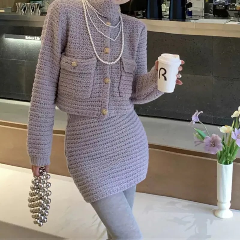 【セット】レディース スカート ジャケット ニット カーディガン スーツ 上着 セットアップ ツーピース ２点セット ミニスカート ショート丈 長袖 タートルネック ハイウエスト ツイード かわいい