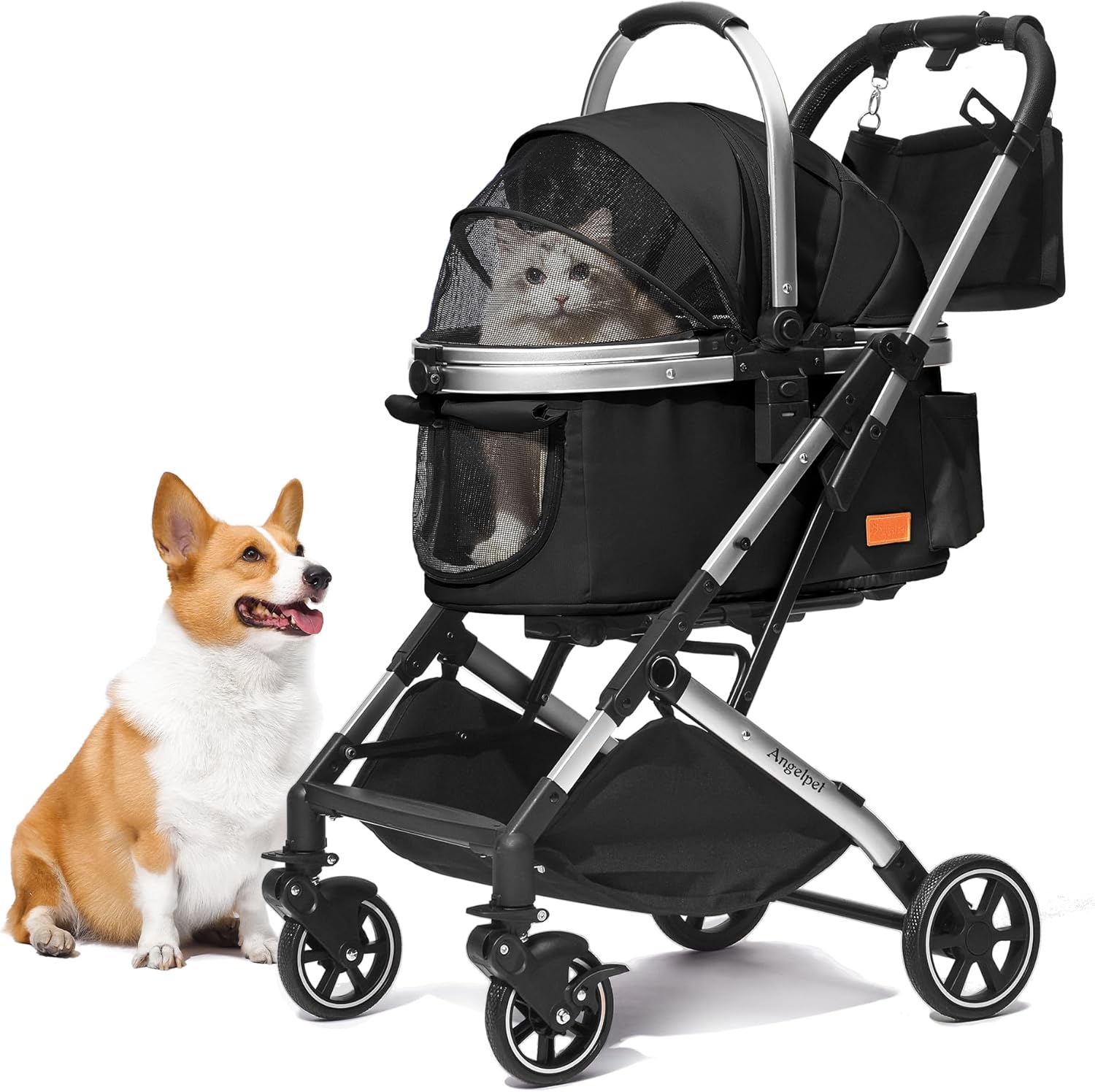 分離型ペットカート 4輪 前輪360度回転 前後ブレーキ付き 軽量折りたたみ式 耐荷重20kg バッグ付き ブラック