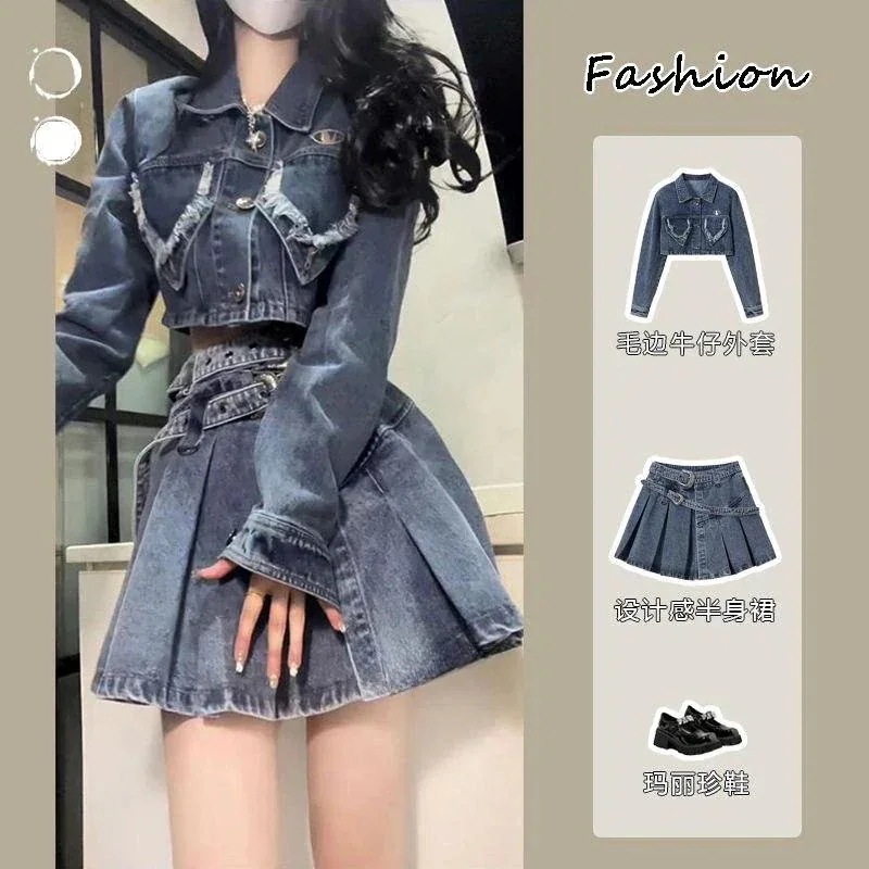 【2枚購入で200円 OFF！急速出荷】デニムスカートスーツレディース秋冬カレッジスタイルジャケットプリーツスカート