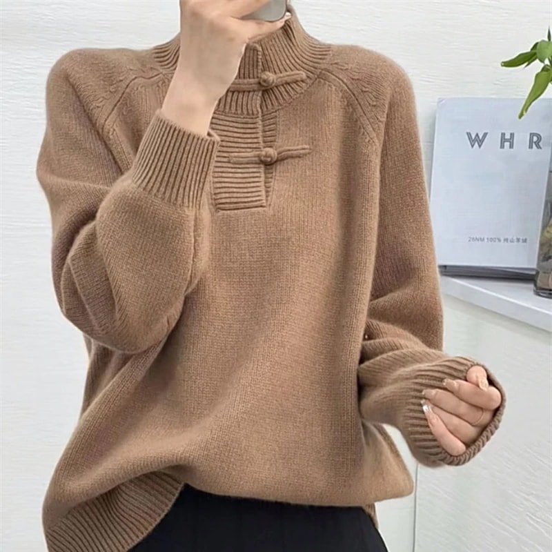 チャイナ風ニットトップス ニットセーター レディース スタンドカラー チャイナボタン ブラウン 秋冬