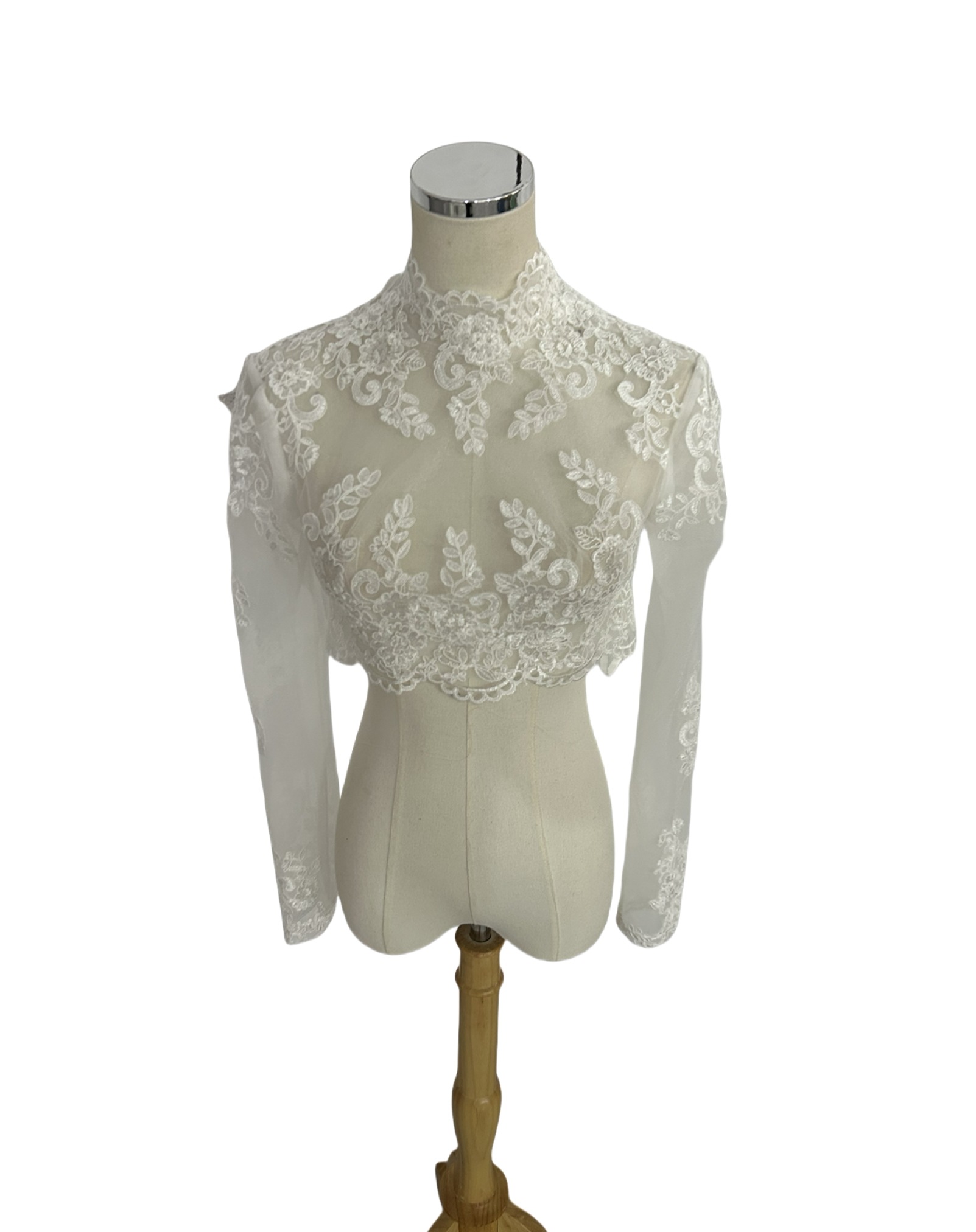 ボレロ ハイネック 繊細レース キラキラスパンコール くるみボタン ウェディングドレス