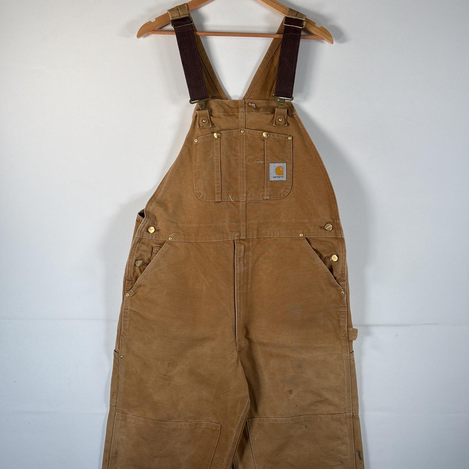 古着 オーバーオール ダック ダブルニー 作業着 大きいサイズ ワーク ワンポイントロゴ w46 L32 キャメル メンズ