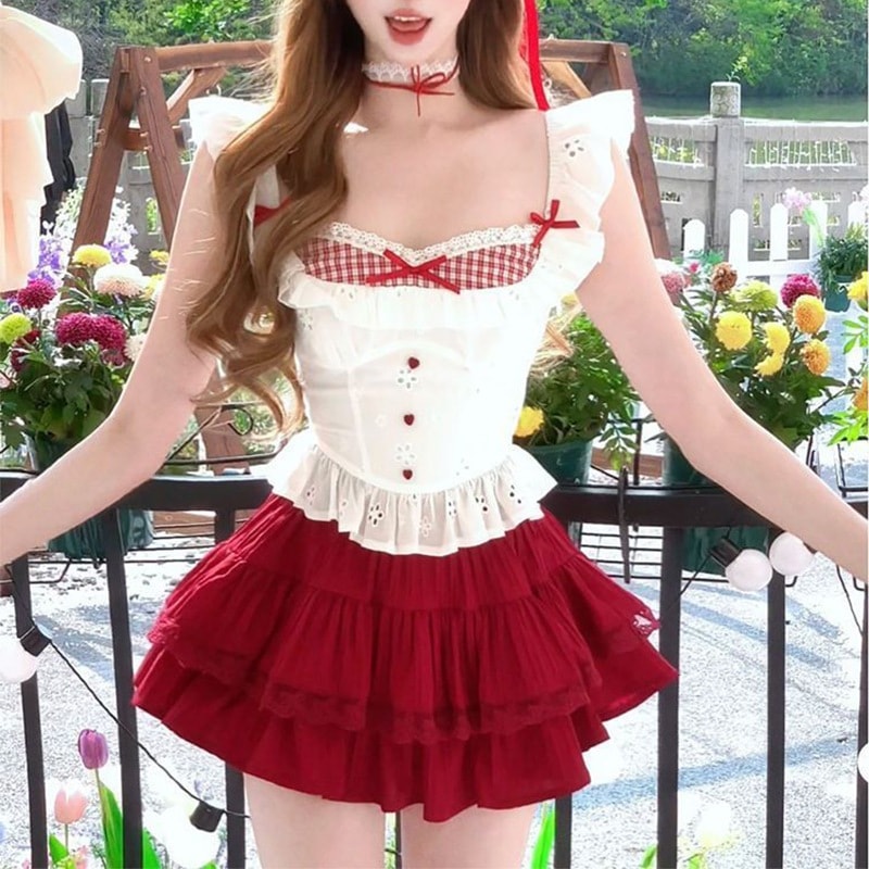 レースの縁取りが施されたリボントップとケーキ柄のミニスカートが特徴的な純粋で魅惑的な甘くてセクシーな女性用ツーピースセット