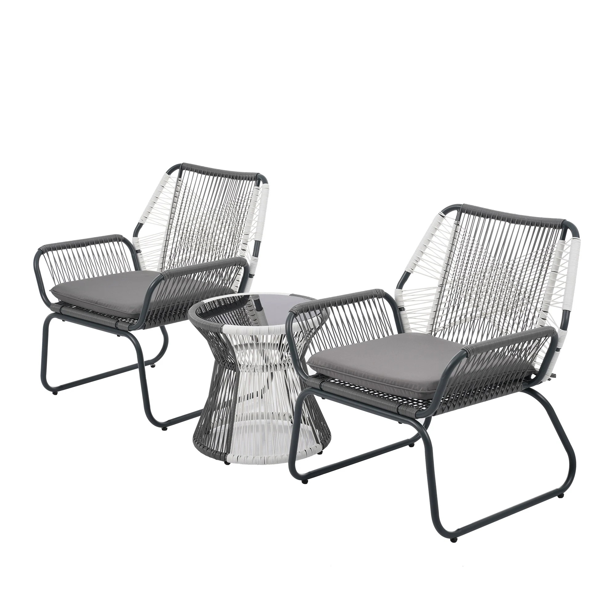 2025新作 ガーデンファニチャー テーブル 3点セット 2脚　ガーデン ベランダ ガーデンチェア セットテーブルセット クッション付 ホワイト×グレー