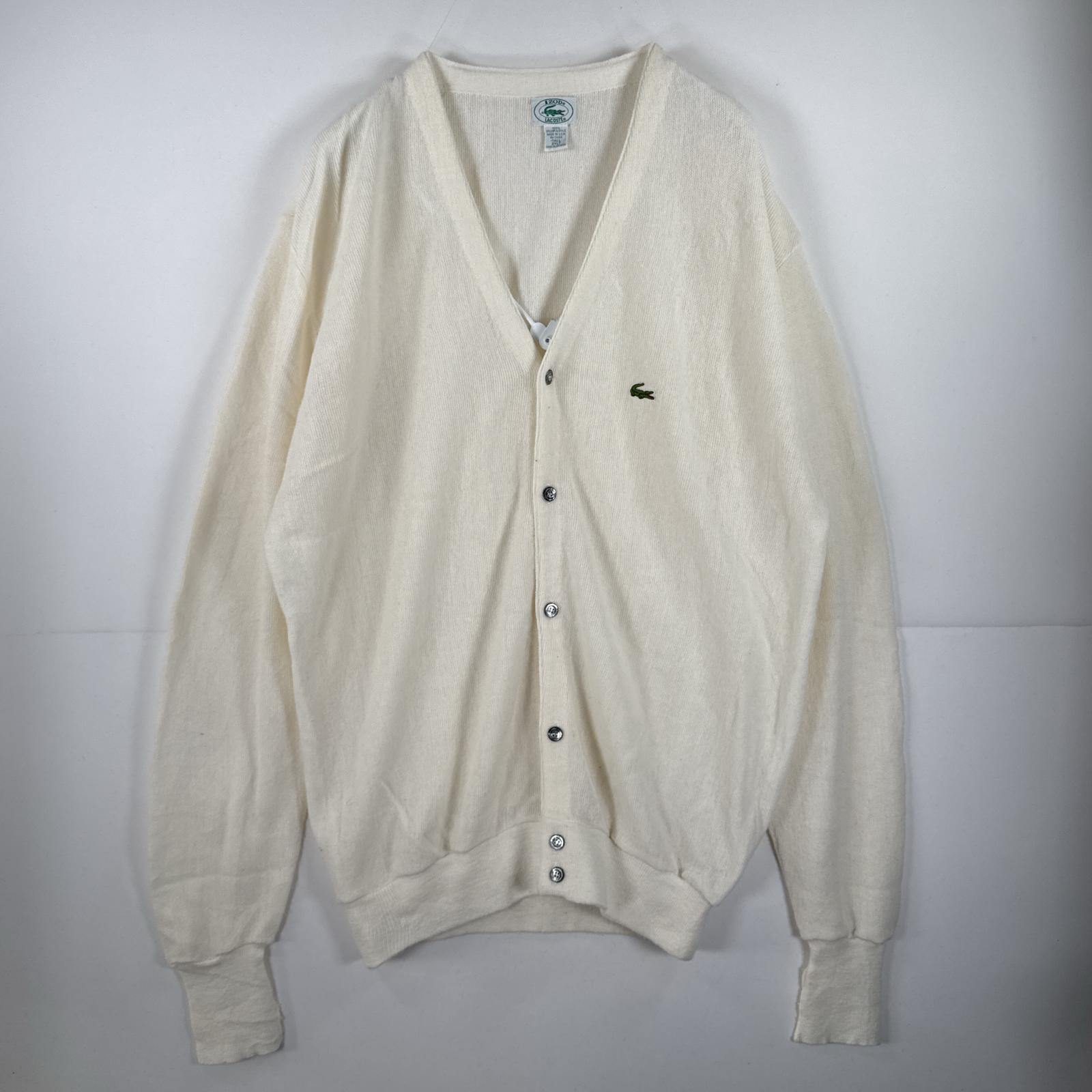 古着 長袖 ニット カーディガン　Ｖネック ワンポイント アクリル USA製 大きいサイズ 2XL ホワイト メンズ