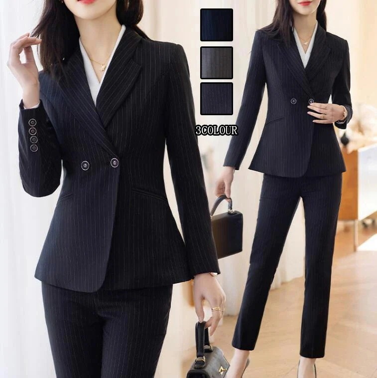 ストライプスーツ 洗えるスーツ 30代20代40代 着痩せ レディース フォーマル 大きいサイズ セットアップ 通勤 OL パンツ+ジャケット+長袖シャツ 3点セット ママ 入学式 卒業式 カジュアル