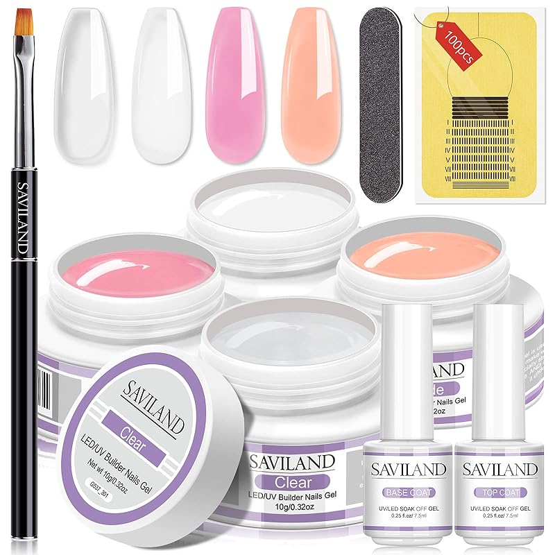 Saviland クリアジェルキット 4色 ネイル長さだし 100PCSネイルフォーム付き ビルダージェル ネイルリペア ハードジェル 初心者向け ピンク
