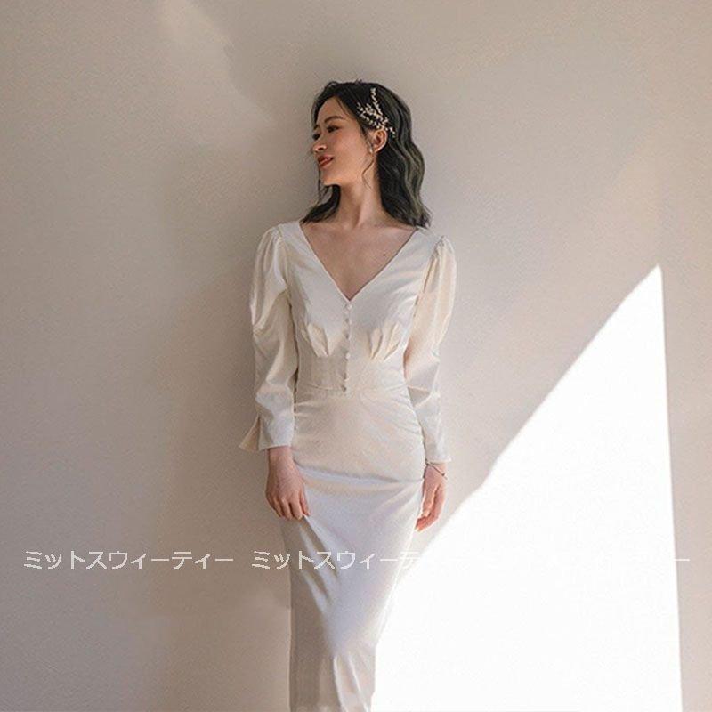 韓国ファッションパーティードレス 長袖 白 大きいサイズ 披露宴 ブライダル バックレス ウエディングドレス 二次会 演奏会 海外挙式 ロングドレス スレンダードレス 花嫁 結婚式