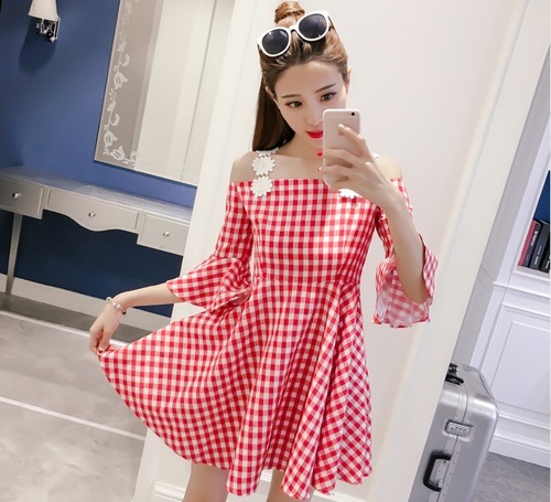 1282．ギンガムチェックストラップミニワンピース（レッド）