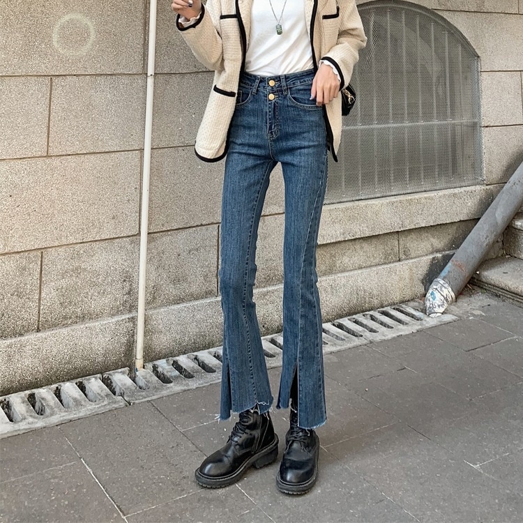 2色 ボトムス 春 カジュアル レディース デニムパンツ ロング丈 無地 スリット ファスナー ポケット フロントスリット ブラック ブルー かわいい 大人可愛い きれいめ シンプル カジュアル 大人