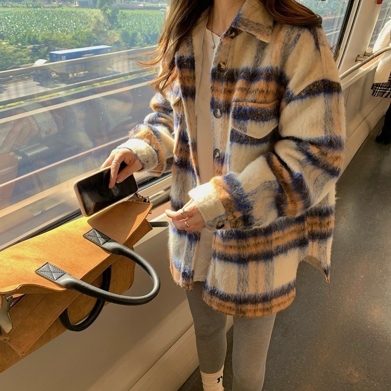 アウター レディース ジャケット フリーサイズ マルチカラー 韓国 長袖 ドロップショルダー 襟付き シングルブレスト コート シャツ風 チェック柄 格子柄 ふわふわ フェイクファー 起毛 ゆったり