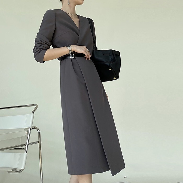 ワンピース レディース カシュクール ワンピース Vネック 深Vネック フレアワンピース フレア Aライン ハイウエスト ウエストマーク ベルト 長袖 ロングワンピース ロング丈