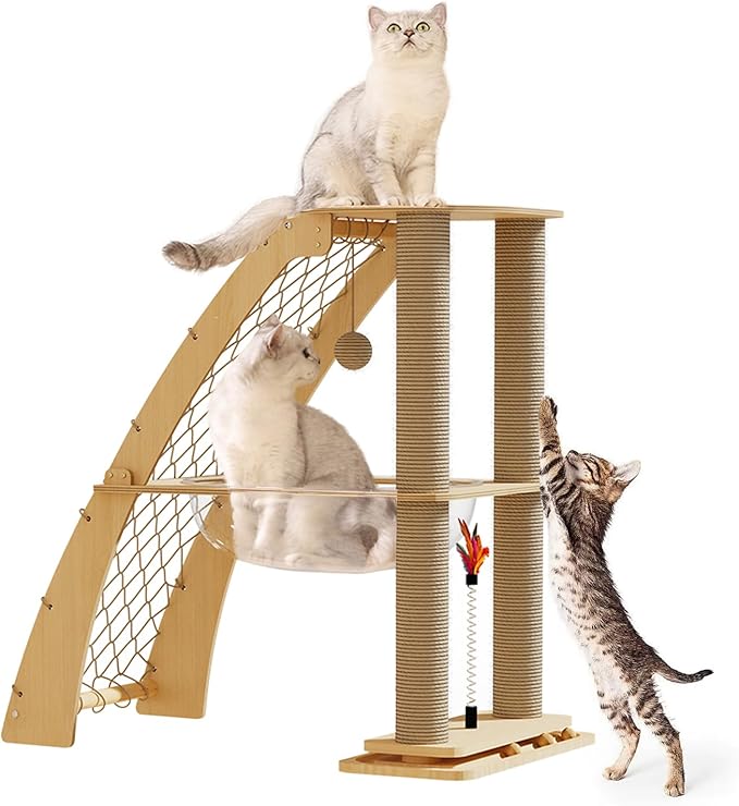キャットタワー 木製 通気性の高い宇宙船型キャットハウス付き 複数の爪
