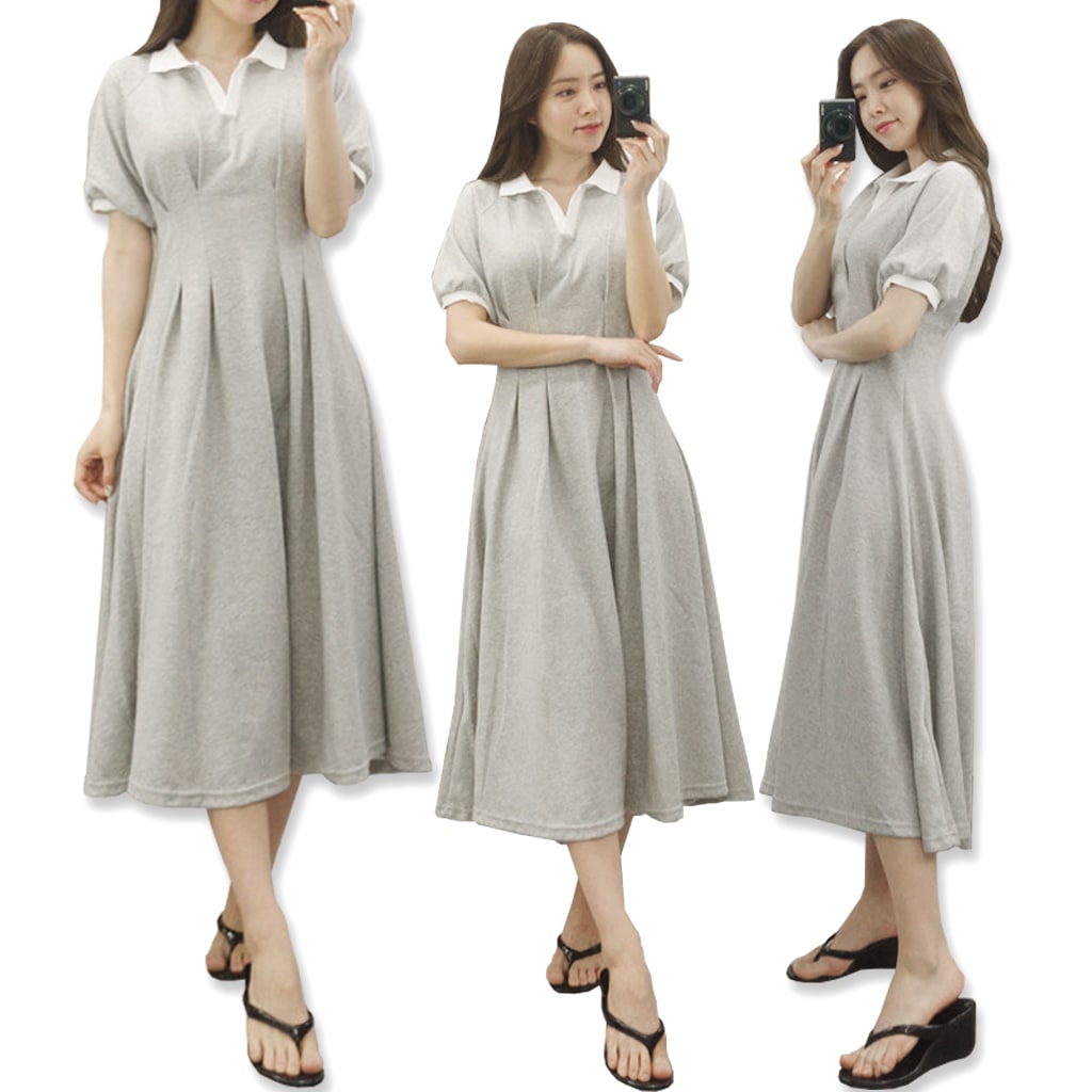 カラネックウエストピンタック半袖ロングワンピースラブリーデートルック