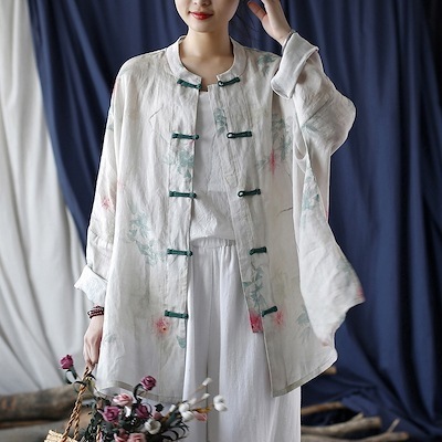 オリジナルラミー麻デジタルプリントスタンドネックハンドバックルカーディガン文芸レトロゆったり薄アウター