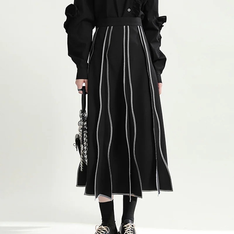 ロング 黒 ハイウエスト ストライプ 山本風 Aライン 切替え 着瘦せ 通勤 おしゃれ