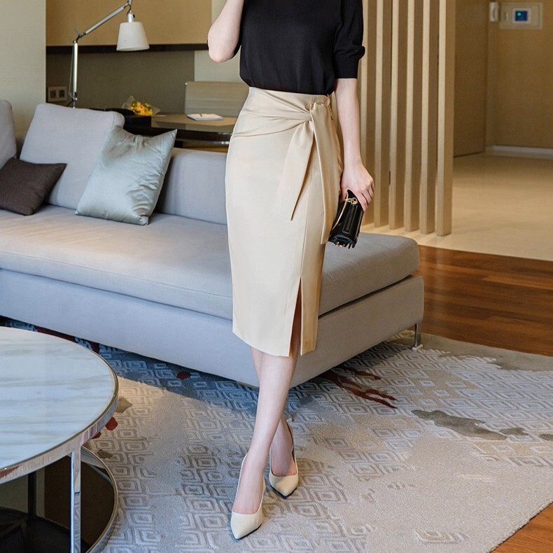 レディース スカート タイトスカート 膝下 ミモレ タイト スリム ストレート Iライン フェミニン ウエストリボン スリット サイドスリット 薄手 かわいい 大人可愛い きれいめ シンプル 上品