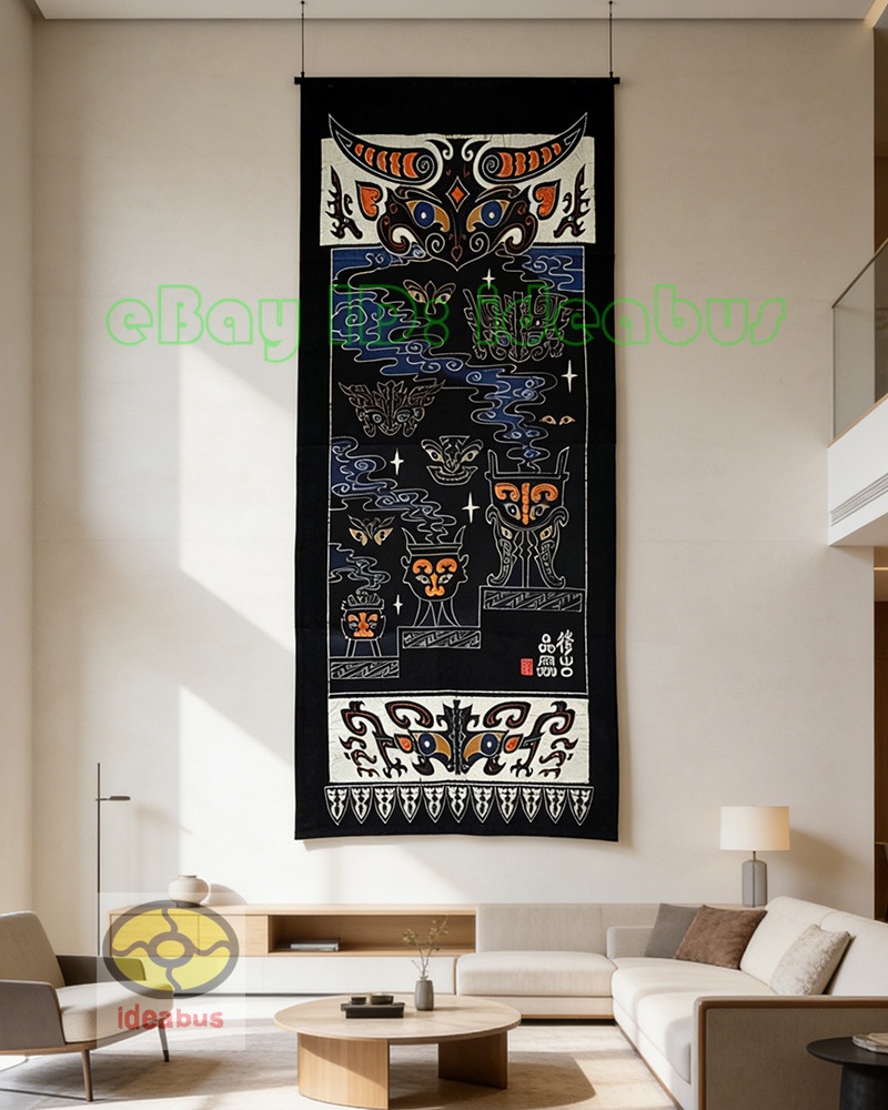 ろうけつ染めの絵 Art Wall Decor Hanging Handmade Batik Tapestry Door Curtain - Ancient Spirits 180x90cm