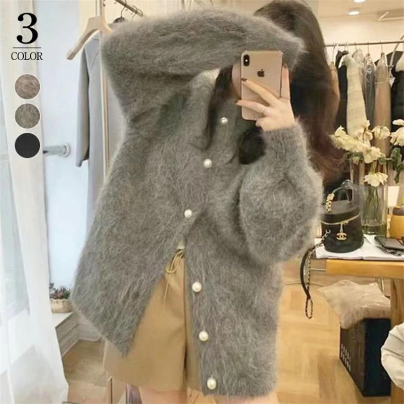 パールボタン ふわふわ ニット カーディガン 長袖 レディース 丸首 クルーネック もこもこ モヘア 秋 冬 おしゃれ カジュアル