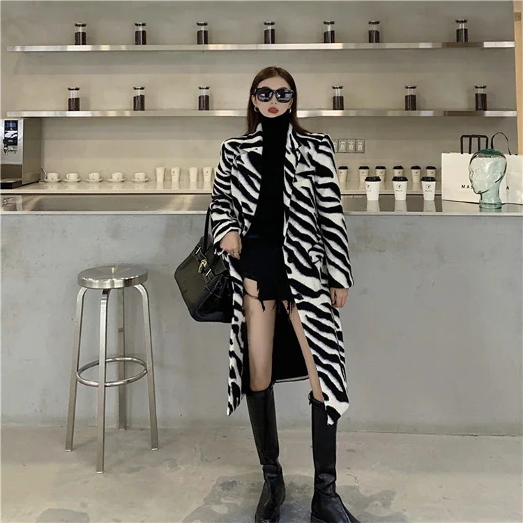韓国 ウールコート ヘップバーン風ゼブラ 中長セクション 百掛け 厚手 スーツの襟 コート