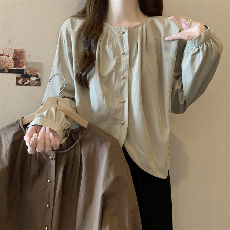 女性用 フレンチラウンドネック 長袖シャツ 大きいサイズ ゆったり レトロショートデザインシックトップス