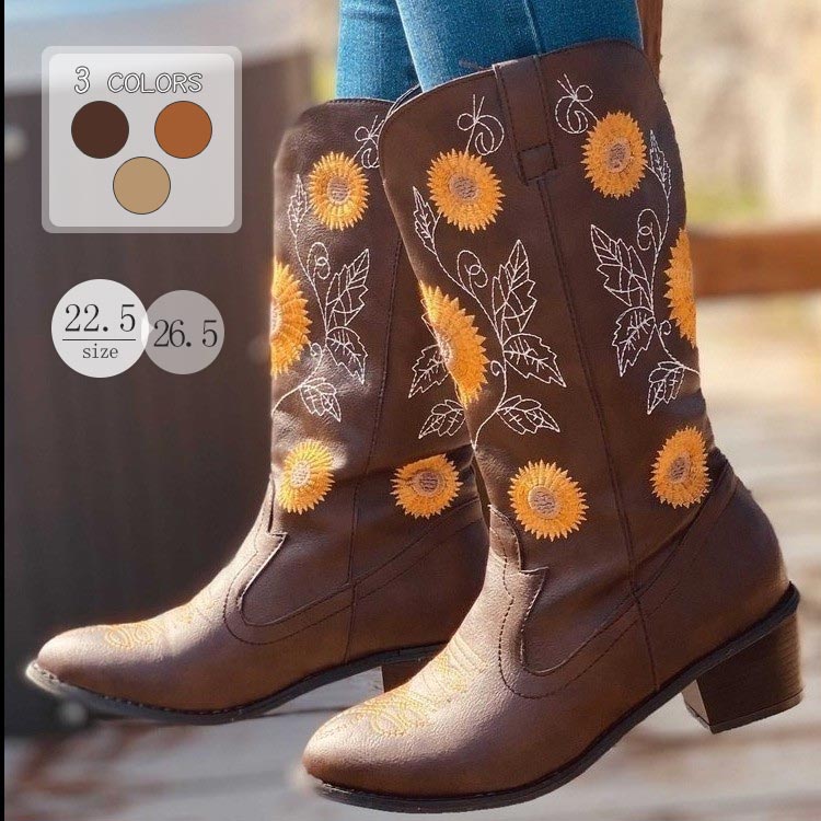 22.526.5cm大きいサイズ秋冬ショートブーツハーフ丈レディースブーツ刺繍花柄ロングブーツ靴 4,535円