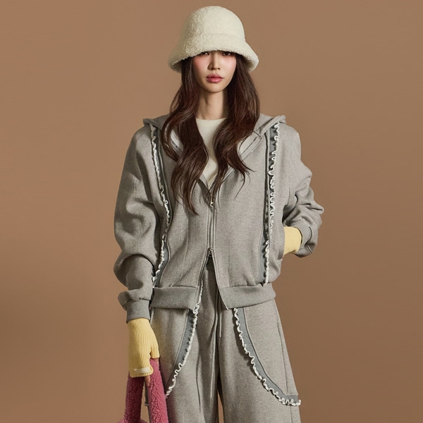 J2558 フリル 起毛 フード ジップアップジャケット