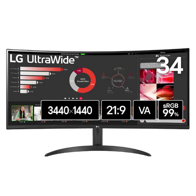 LG　ウルトラワイドモニター UltraWide Monitor ［34型 /UWQHD(3440×1440) /ワイド /曲面型］　34WR50QK-B