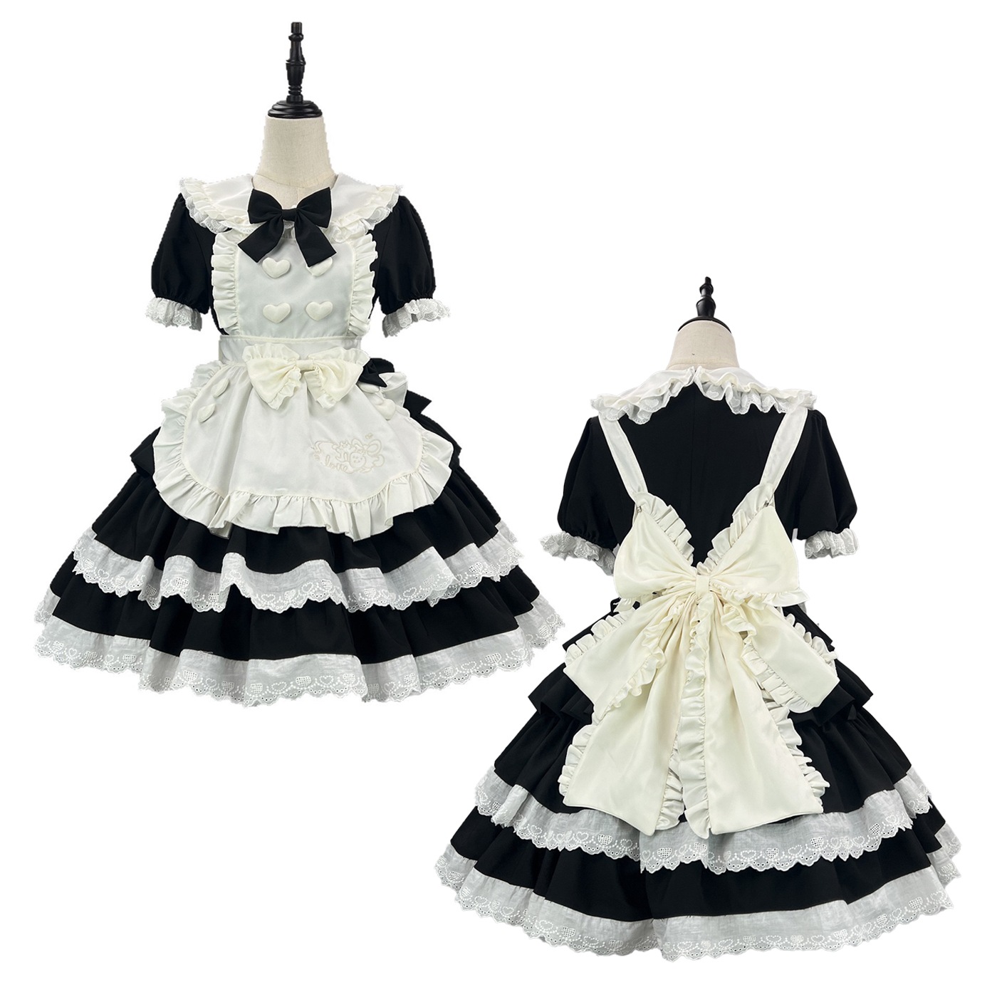 【1点ご購入 で10点プレゼントいたします】2025新作ノーブル甘辛黒粉メイドロリータキュートな甘め姫スカートワンピースフルセット