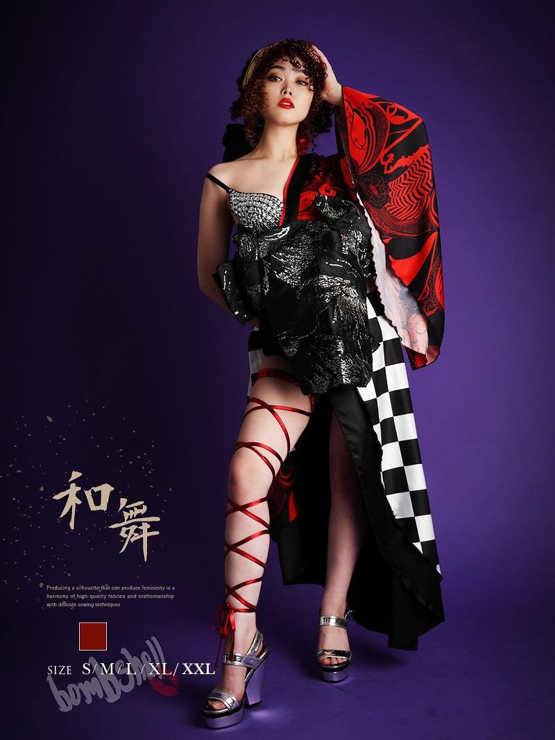 和装 着物衣装 振袖 和装 和風 和柄 市松 バイカラー ステージ衣装 ダンス衣装 コスチューム bombshell