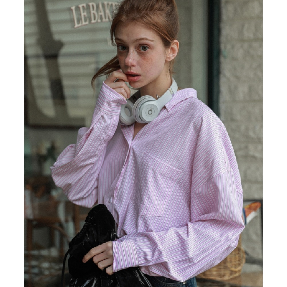 LOSSYROW メアリーオーバーサイズストライプシャツピンク