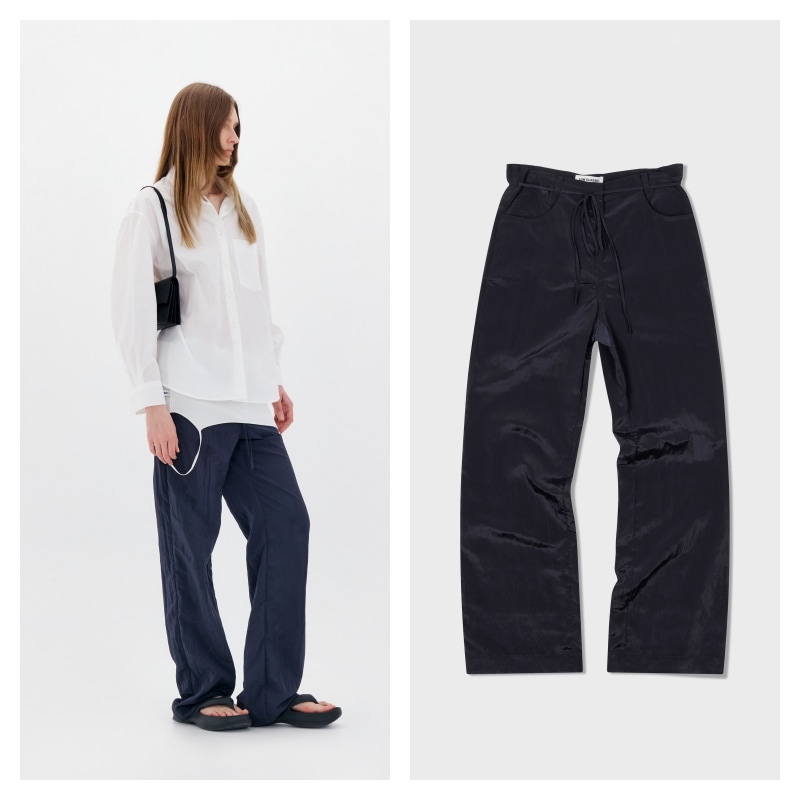 【LOW CLASSIC】 CRINKLE SLIM FIT PANTS : NAVY