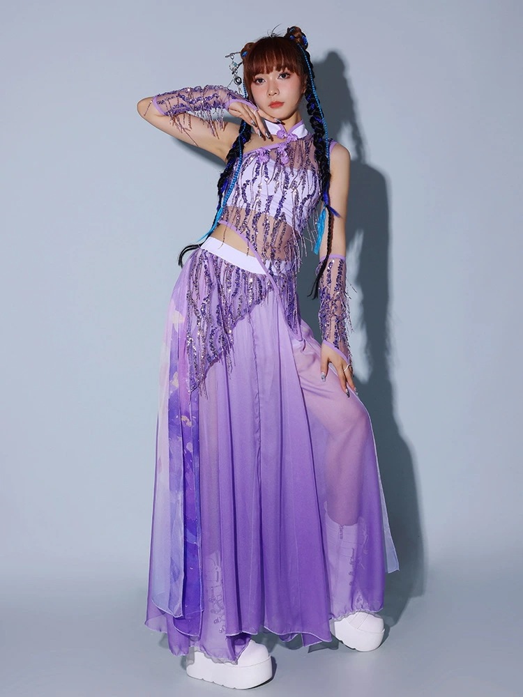 ダンスセット 中華風チアダンス衣装 シースルー トップス ひらひら hippop ステージ ストリートダンス衣装 発表会 練習着 ダンス競技 団体服 フリンジトップス パープル イベント スパンコール