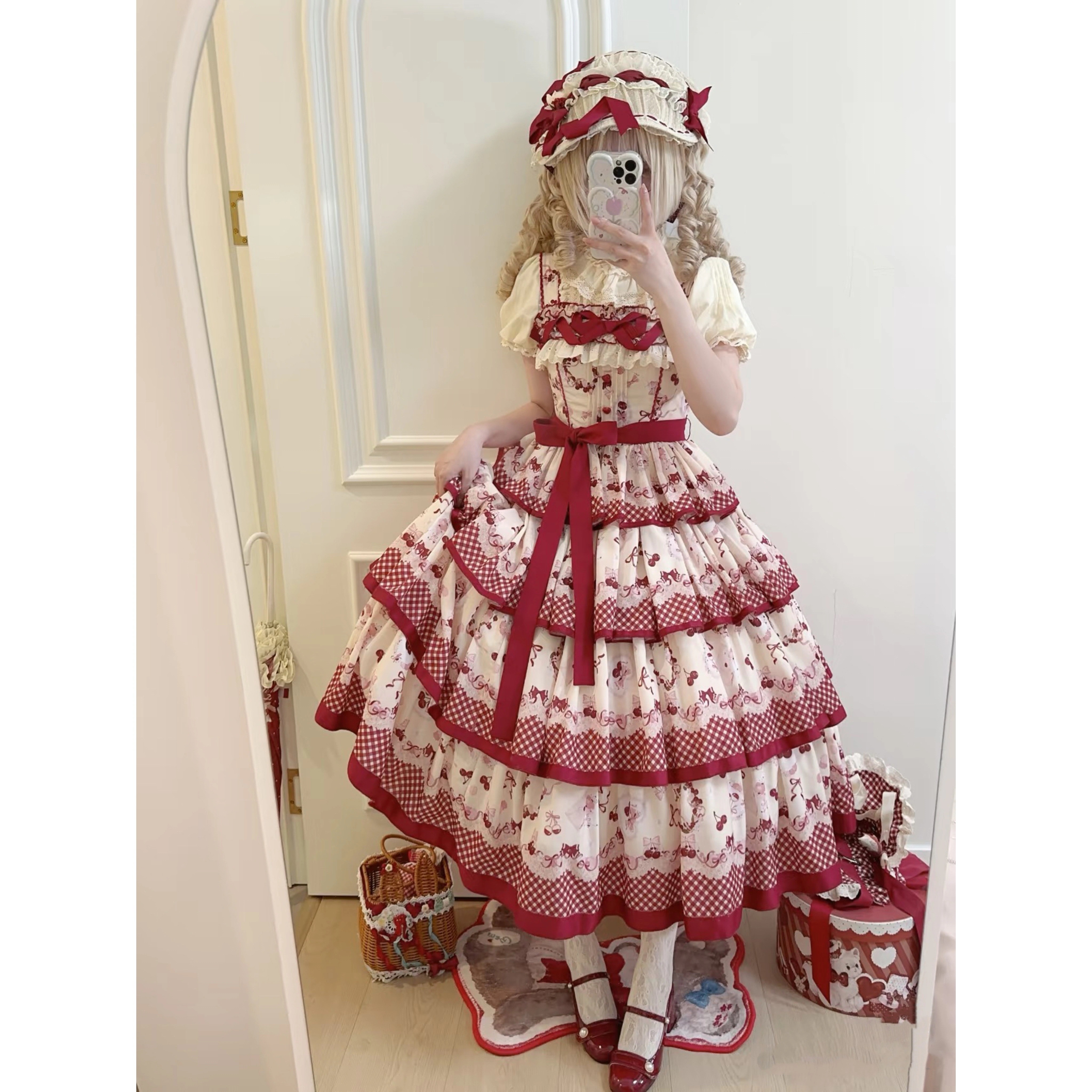 ロリータ夏カスタム全額jsk日常ロングワンピースロリータさくらんぼ田園サスペンダースカート